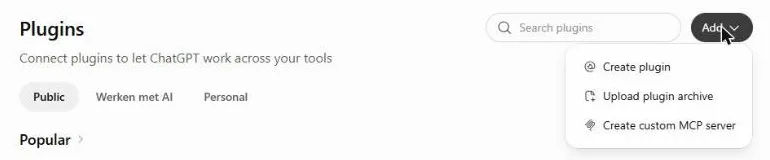 The Plugins page with the Add button at the top right, opened to show Create plugin, Upload plugin archive and Create custom MCP server