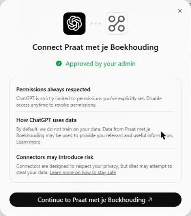The Connect Praat met je Boekhouding window with the Continue to Praat met je Boekhouding button at the bottom