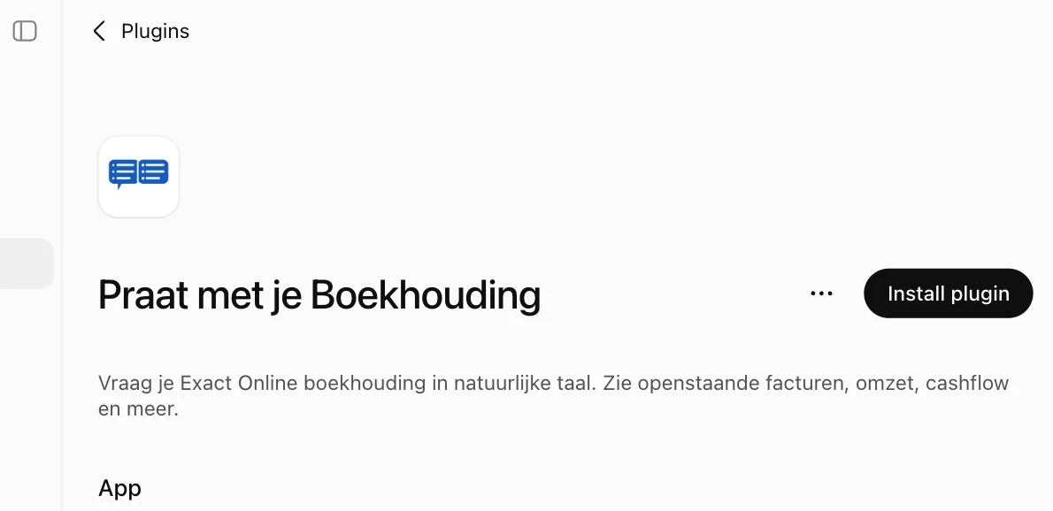De detailpagina van de koppeling met rechtsboven de knop Install plugin