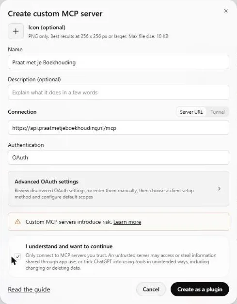 The Create custom MCP server window with the name Praat met je Boekhouding, Connection on Server URL with the URL filled in, Authentication on OAuth and the box I understand and want to continue ticked