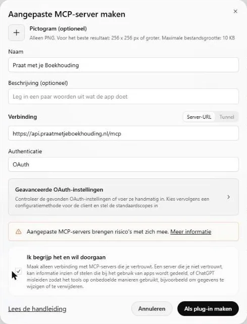 Het venster Aangepaste MCP-server maken met de naam Praat met je Boekhouding, Verbinding op Server-URL met de URL ingevuld, Authenticatie op OAuth en het vinkje Ik begrijp het en wil doorgaan aangezet