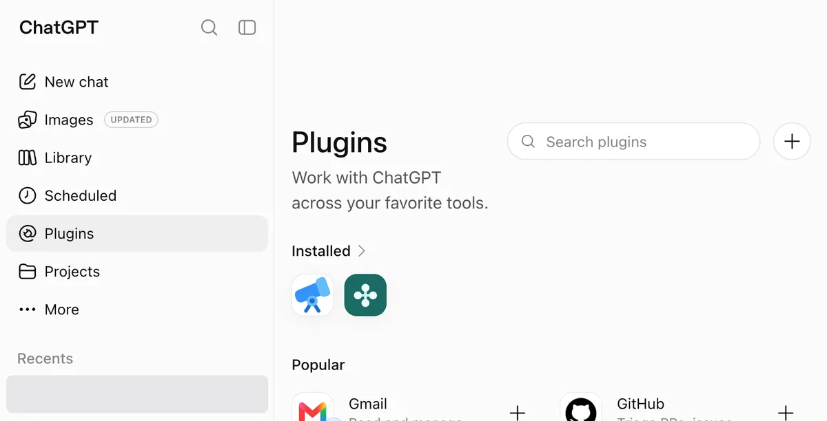 De pagina ChatGPT Plugins met rechtsboven de plus-knop naast het zoekveld