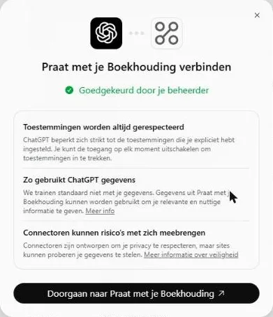Het venster Praat met je Boekhouding verbinden met onderaan de knop Doorgaan naar Praat met je Boekhouding