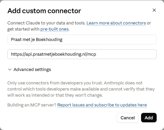 Het venster 'Add custom connector' in Claude, met de naam Praat met je Boekhouding en de MCP-URL ingevuld