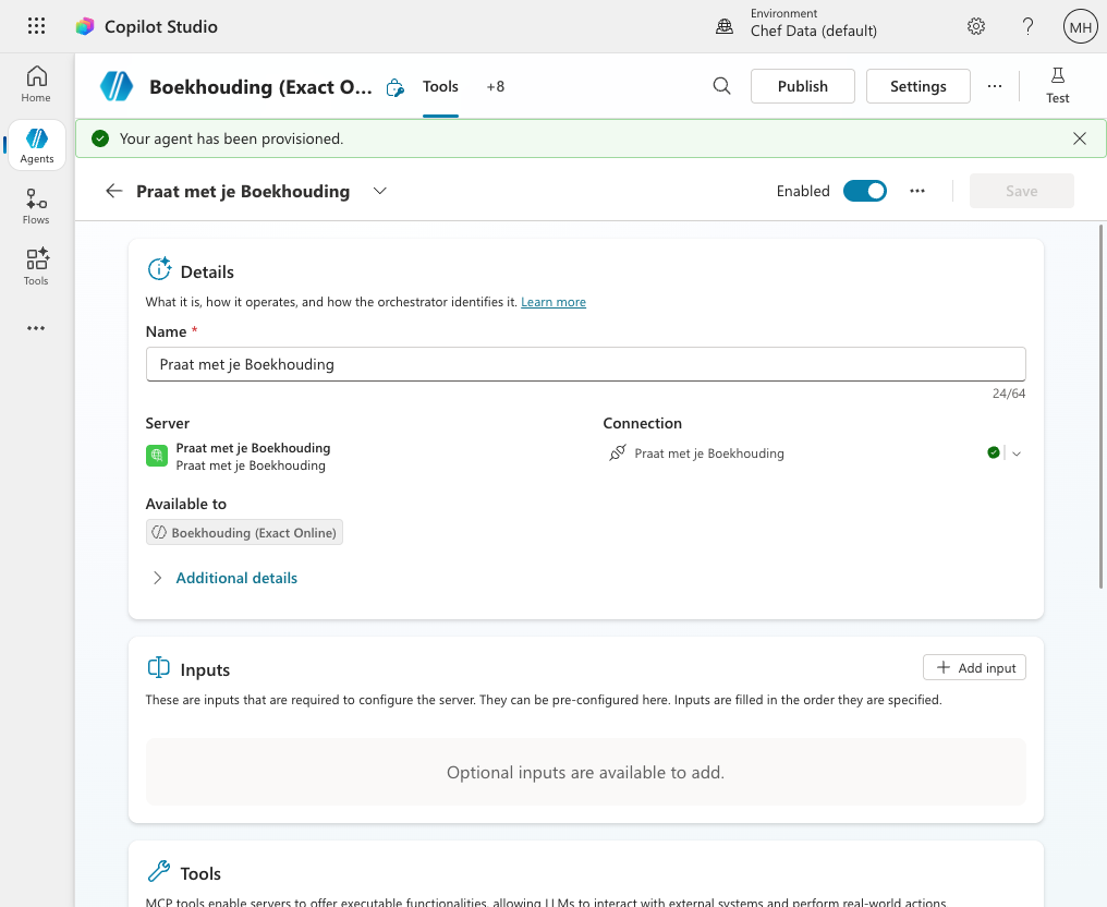 De Praat met je Boekhouding-connector gekoppeld aan een agent in Microsoft Copilot Studio