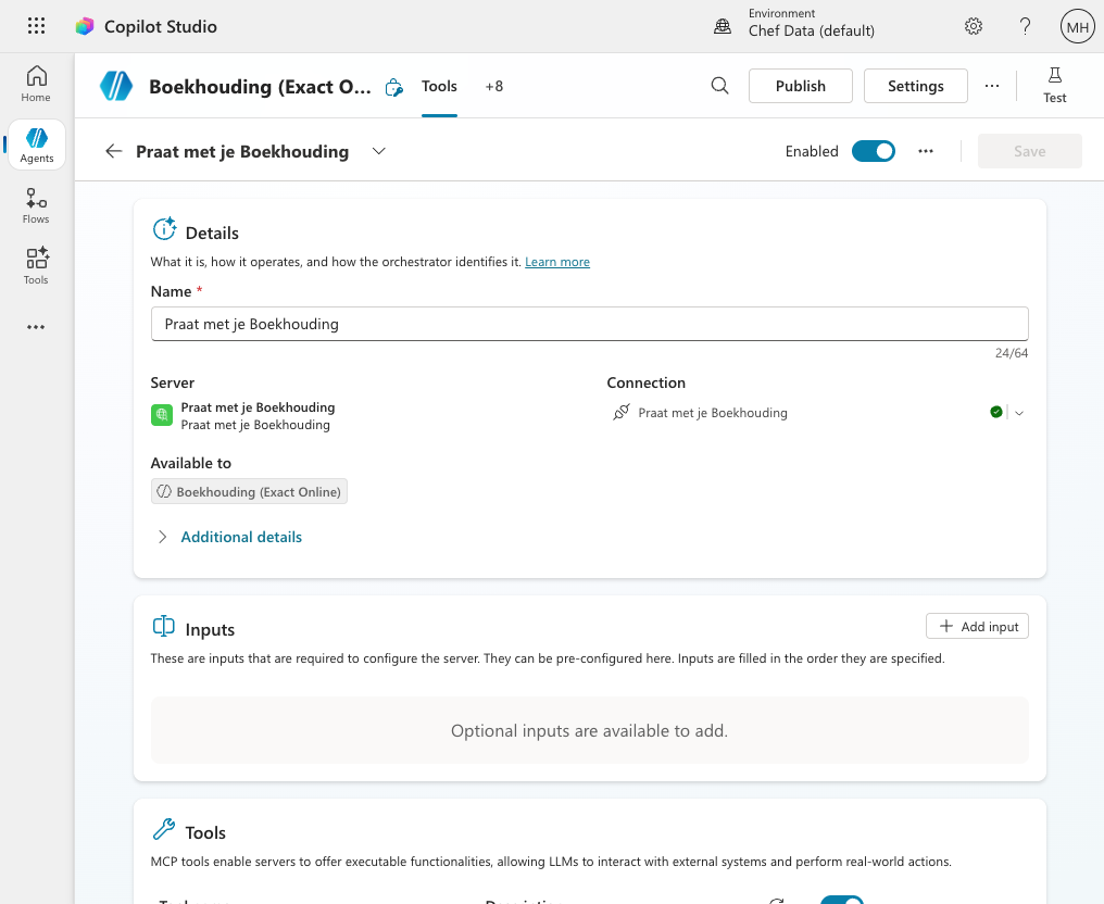 Alle boekhoud-tools beschikbaar in de Copilot Studio-agent